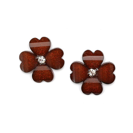 Brown flower with rhinestone and crystal effect clip-on earrings