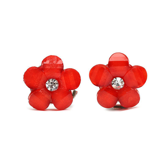 Red flower with rhinestone clip-on earrings