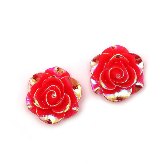 Red glossy AB colour plated rose flower clip-on earrings