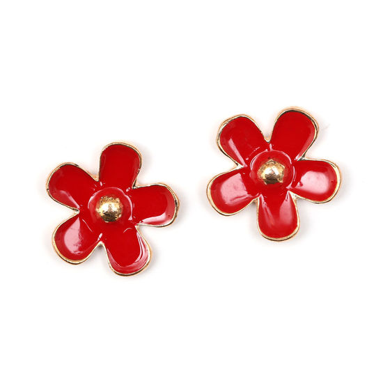 Rose gold-plated red enamel flower  clip-on earrings