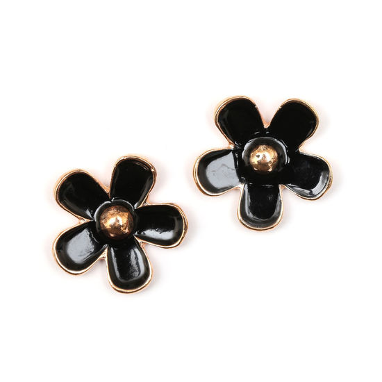 Rose gold-plated black enamel flower  clip-on earrings