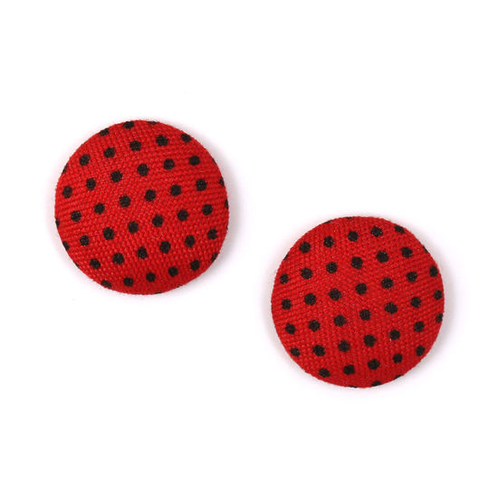 Red and black polka dot fabric round button handmade clip-on earrings