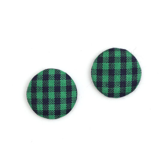 Green gingham fabric covered button clip-on earrings