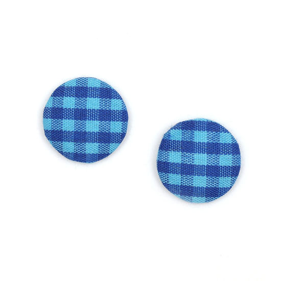 Blue gingham fabric covered button clip-on earrings