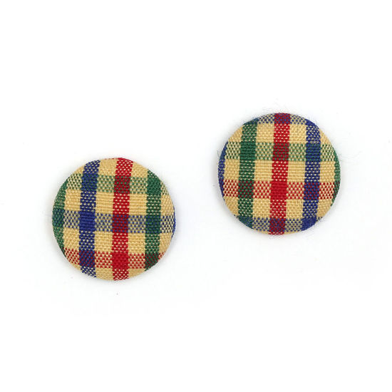 Red blue green tartan fabric covered button clip-on earrings