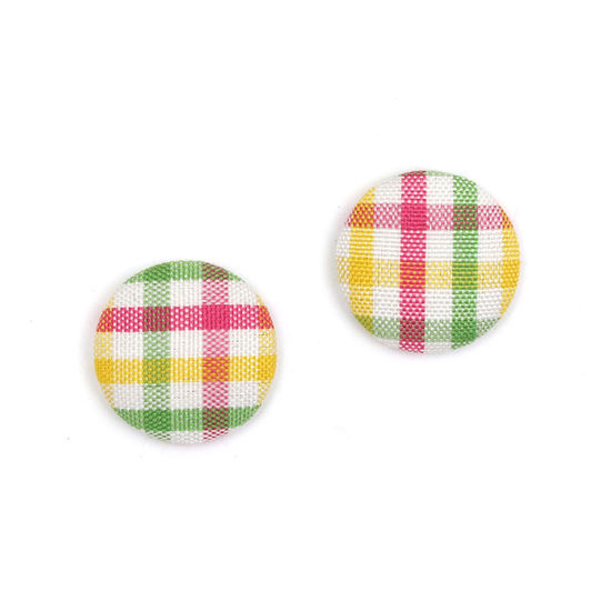 Pink yellow green tartan fabric covered button clip-on earrings