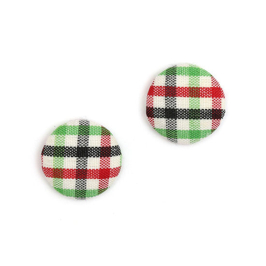 Red black green tartan fabric covered button clip-on...