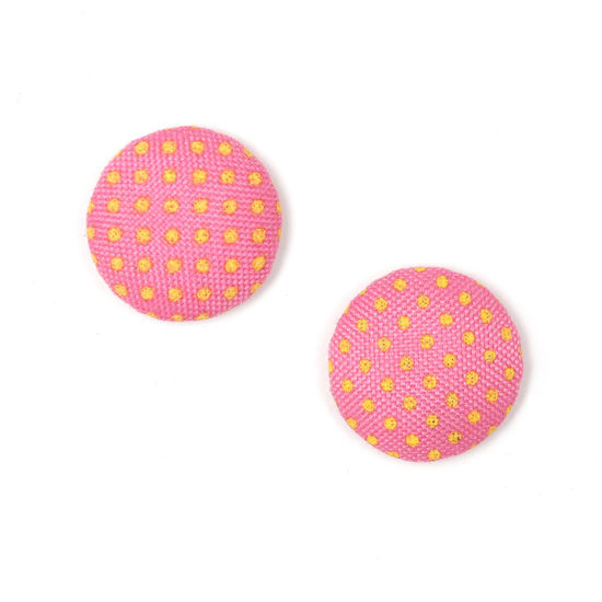 Pink polka dots fabric covered button clip-on earrings