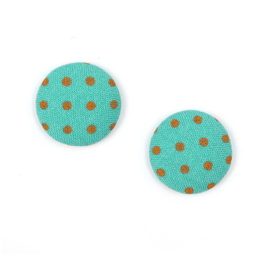 Aquamarine polka dots fabric covered button clip-on earrings
