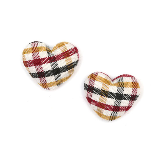 Black, yellow and red tartan fabric covered heart button clip-on earrings