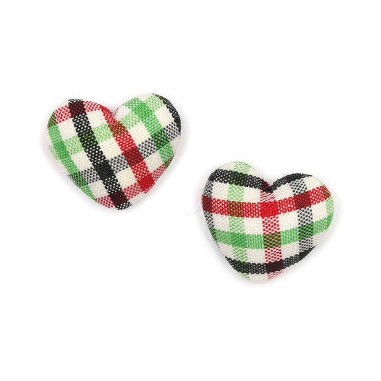 Black green red tartan fabric covered heart button clip-on earrings