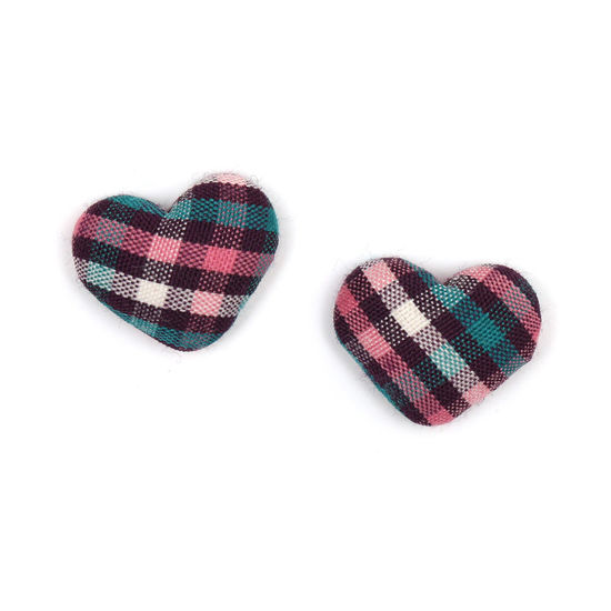 Pink green tartan fabric covered heart button...