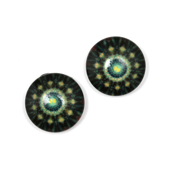 Green and black geometric flower printed glass round button clip-on earrings