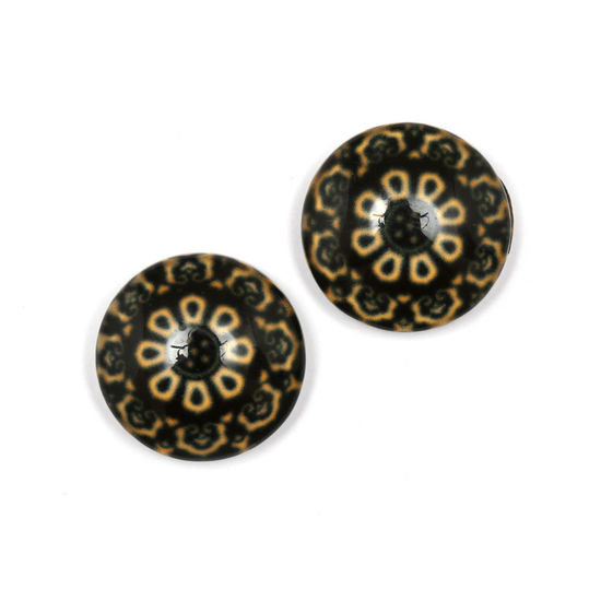 Black and brown geometric flower printed glass round button clip-on earrings