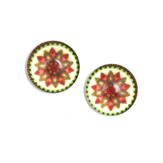 Beautiful geometric flower printed glass round button clip-on earrings