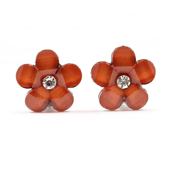 Brown flower with rhinestone and crystal effect clip-on earrings