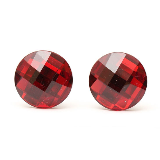 Dark red faceted acrylic rhinestone round button clip-on earrings