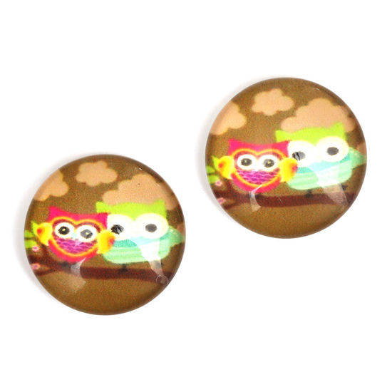 Pink and green owls on brown printed glass round button with gold-tone clip earrings