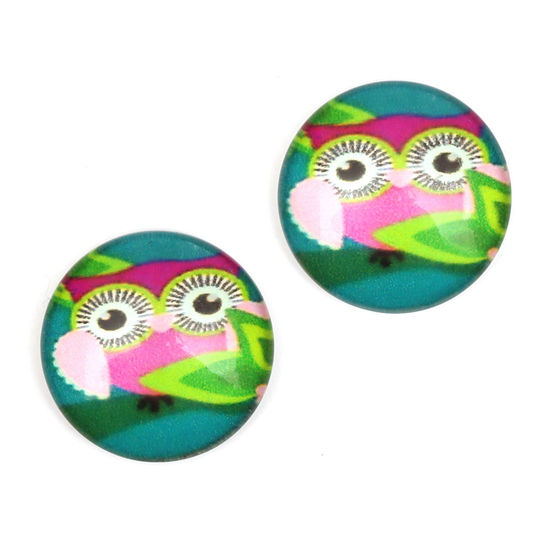 Dark pink owl on branch printed glass round button with gold-tone clip earrings
