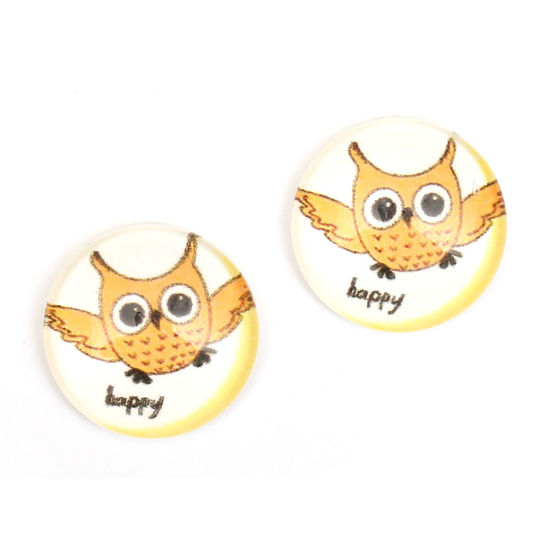 Happy owl printed glass round button with gold-tone...