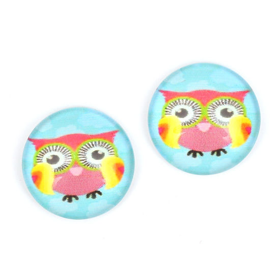 Pink owl on pale turquoise printed glass round button with gold-tone clip earrings