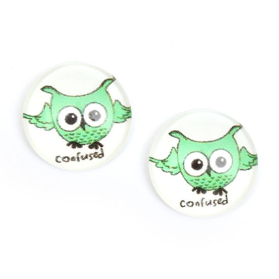 Confused green owl printed glass round button...