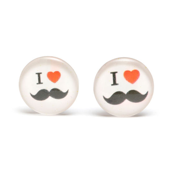 White round button with I Love Moustache print glass clip on earrings