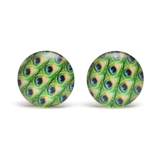 Green peacock feathers glass round button clip on earrings