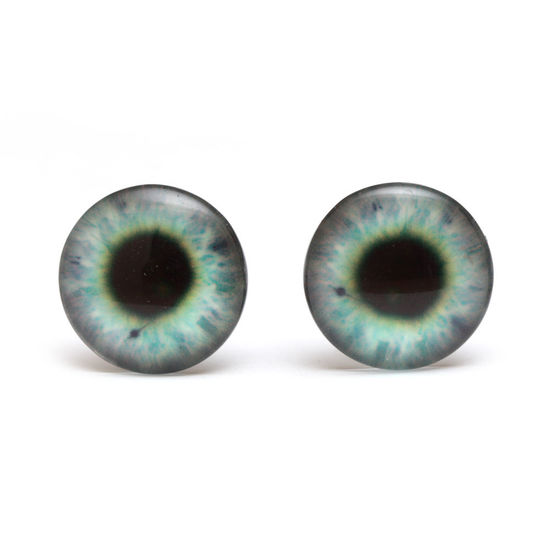 Teal eye print round button glass clip on earrings