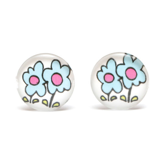 Blue flowers print white round button glass clip on earrings