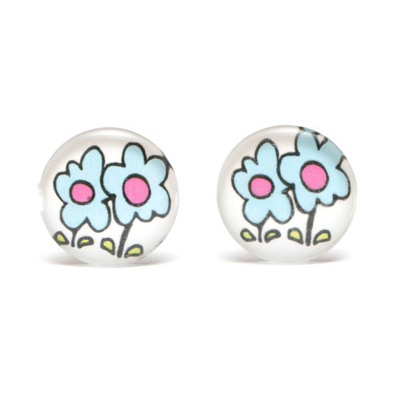 Blue flowers print white round button glass clip...