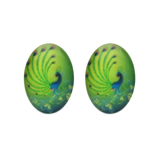 Green Peacock Oval Shape Glass Print Clip on Earrings