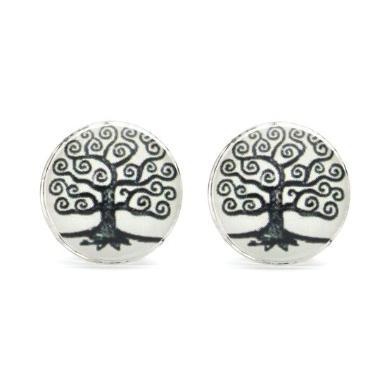 Black and White Tree of Life Glass Print Button Clip on Earrings