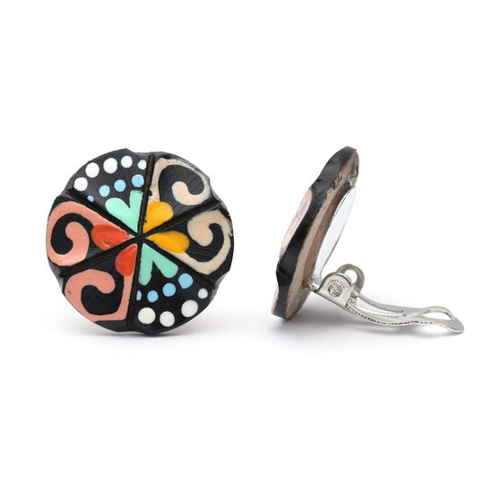 Orange Swirl and Dots Flower Coconut Shell Button...