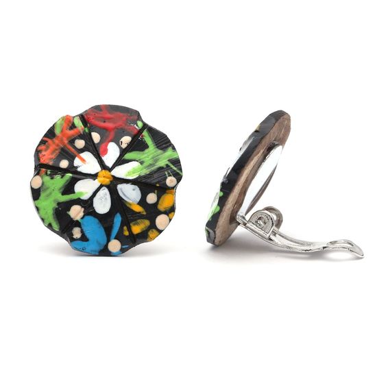 White Flower with Multicoloured Coconut Shell Button Clip On Earrings