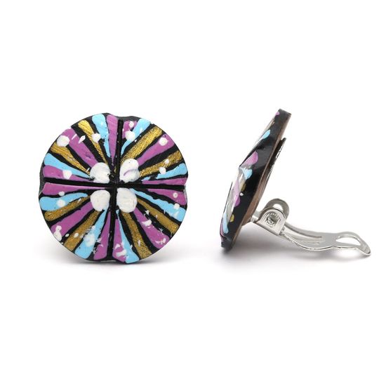 Blue and Purple Striped with White Flower Coconut Shell Button Clip On Earrings