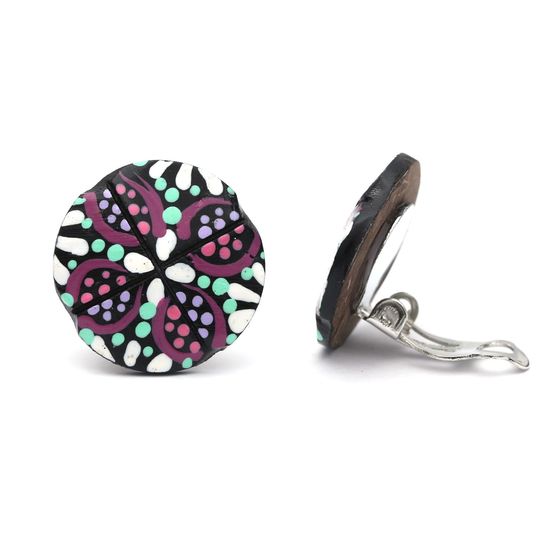 White Flower and Multicoloured Dots Coconut Shell Button Clip On Earrings