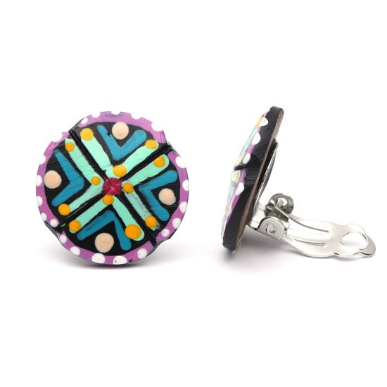 Green Cross with Colourful Dots Coconut Shell Button Clip On Earrings