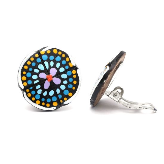 Flower With Blue and Yellow Spotty Coconut Shell Button Clip On Earrings