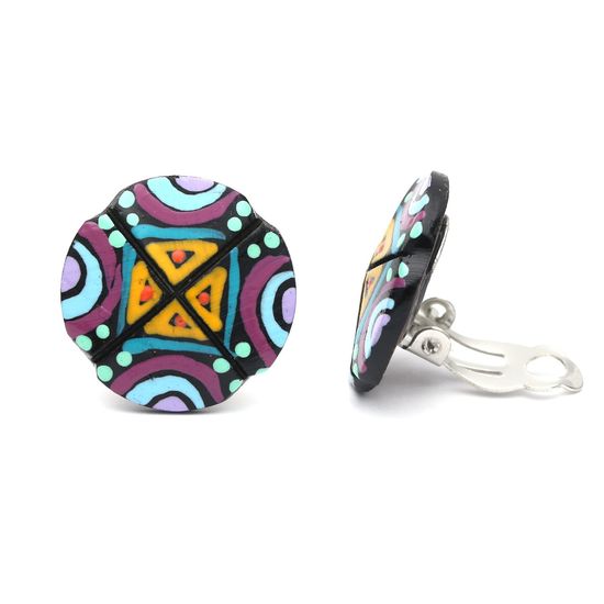 Vibrant Triangle and Crescent Element Coconut Shell Button Clip On Earrings