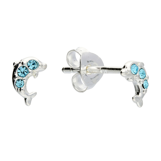 Dolphin Stud Earrings with Blue CZ Stones