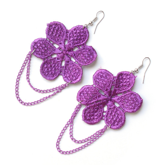 Pink flower lace drop earrings with double chai