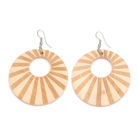 Natural wood colour sun rays engraved round woo