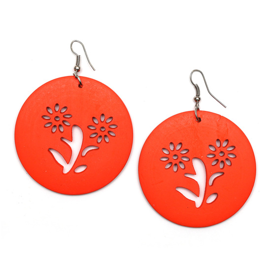 Orange round wooden dangle earrings with flower cut out design