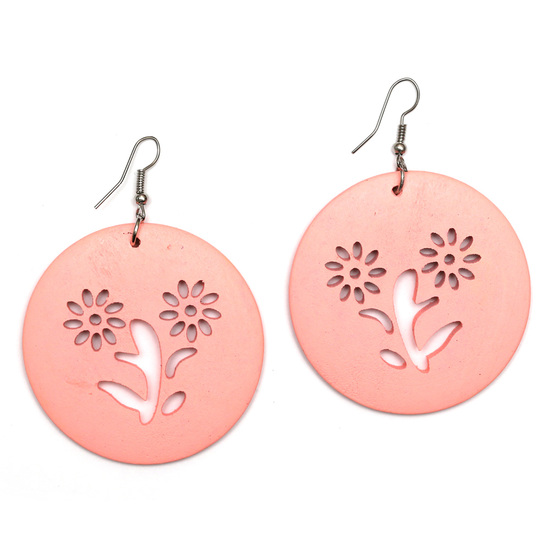Light pink round wooden dangle earrings with flower cut out design