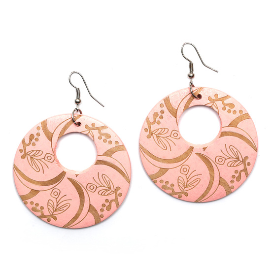 Light pink flower and crescent engraved round wooden dangle earrings