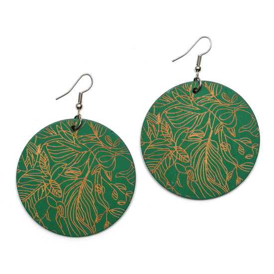 Green engraved round wooden dangle earrings with leaf motif