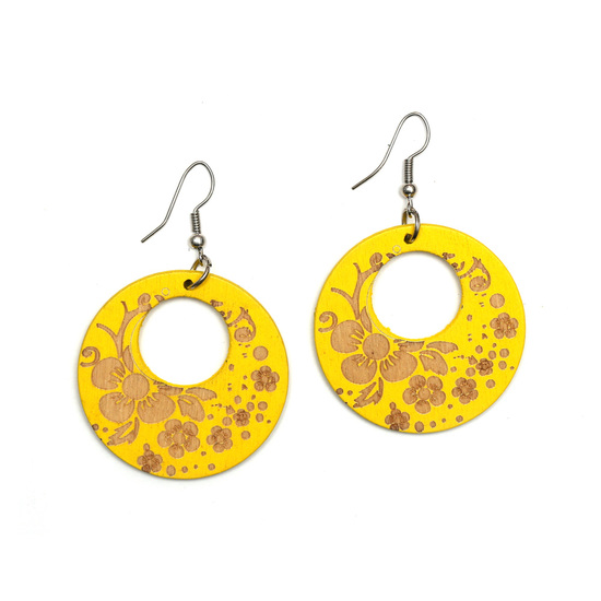 Yellow flowers engraved round wooden dangle earrings