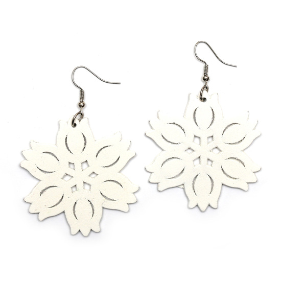 White tulip flowers cut out design wooden dangle earrings