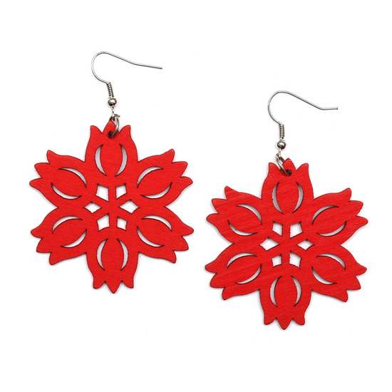 Red tulip flowers cut out design wooden dangle earrings